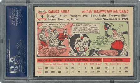 Lot #6004  1956 Topps #4 Carlos Paula - PSA MINT 9 - None Higher! - Image 2