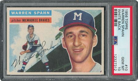 Lot #6010  1956 Topps #10 Warren Spahn - PSA GEM-MT 10 - Pop two, None Higher! - Image 1