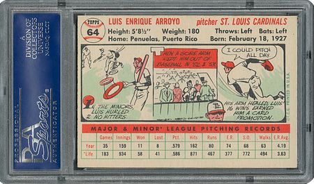 Lot #6066  1956 Topps #64 Luis Arroyo - PSA MINT 9 - None Higher! - Image 2