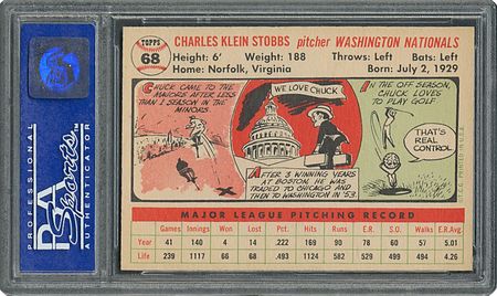 Lot #6070  1956 Topps #68 Chuck Stobbs - PSA MINT 9 - one Higher! - Image 2