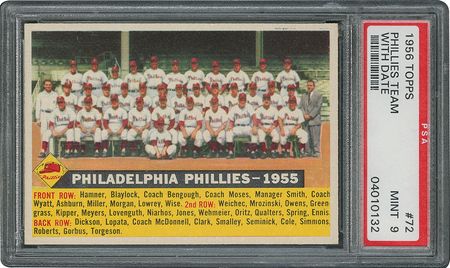 Lot #6074  1956 Topps #72 Phillies Team (Dated) - PSA MINT 9 - None Higher! - Image 1