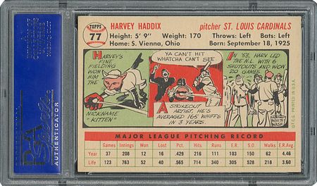 Lot #6081  1956 Topps #77 Harvey Haddix - PSA MINT 9 - None Higher! - Image 2