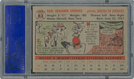 Lot #6087  1956 Topps #83 Karl Spooner - PSA MINT 9 - one Higher! - Image 2