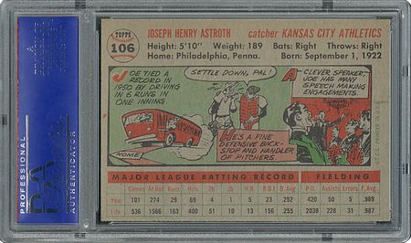 Lot #6118  1956 Topps #106 Joe Astroth - PSA MINT 9 - one Higher! - Image 2