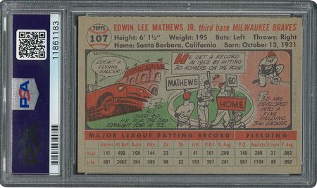 Lot #6119  1956 Topps #107 Ed Mathews - PSA MINT 9 - one Higher! - Image 2