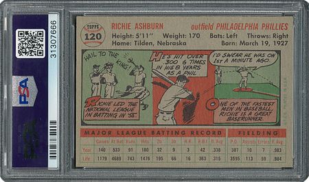 Lot #6132  1956 Topps #120 Richie Ashburn - PSA MINT 9 - None Higher! - Image 2