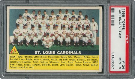 Lot #6146  1956 Topps #134 Cardinals Team - PSA MINT 9 - one Higher! - Image 1