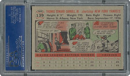 Lot #6151  1956 Topps #139 Tommy Carroll - PSA MINT 9 - None Higher! - Image 2