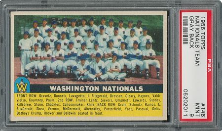 Lot #6158  1956 Topps #146 Nationals Team - PSA MINT 9 - None Higher! - Image 1