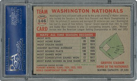 Lot #6158  1956 Topps #146 Nationals Team - PSA MINT 9 - None Higher! - Image 2