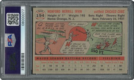 Lot #6206  1956 Topps #194 Monte Irvin - PSA GEM-MT 10 - Pop two, None Higher! - Image 2