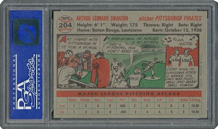 Lot #6216  1956 Topps #204 Art Swanson - PSA MINT 9 - one Higher! - Image 2