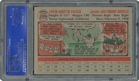 Lot #6218  1956 Topps #206 Erv Palica - PSA MINT 9 - one Higher! - Image 2