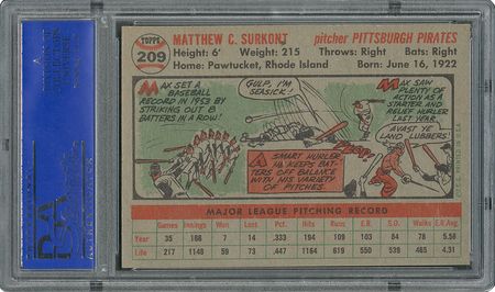 Lot #6221  1956 Topps #209 Max Surkont - PSA MINT 9 - one Higher! - Image 2
