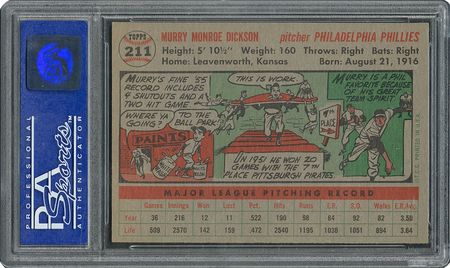 Lot #6223  1956 Topps #211 Murry Dickson - PSA MINT 9 - one Higher! - Image 2