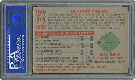 Lot #6225  1956 Topps #213 Tigers Team - PSA MINT 9 - None Higher! - Image 2