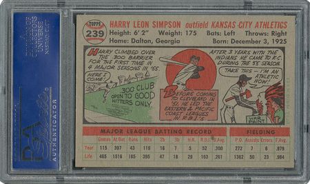 Lot #6251  1956 Topps #239 Harry Simpson - PSA MINT 9 - one Higher! - Image 2