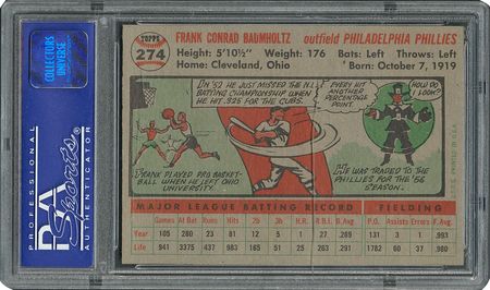 Lot #6286  1956 Topps #274 Frank Baumholtz - PSA MINT 9 - one Higher! - Image 2