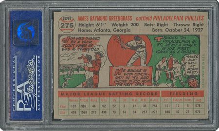 Lot #6287  1956 Topps #275 Jim Greengrass - PSA MINT 9 - None Higher! - Image 2