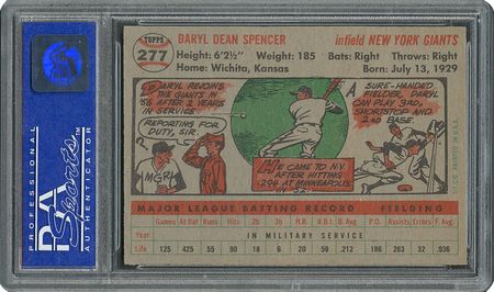 Lot #6289  1956 Topps #277 Daryl Spencer - PSA MINT 9 - one Higher! - Image 2
