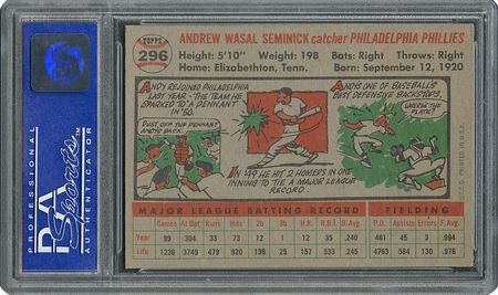 Lot #6308  1956 Topps #296 Andy Seminick - PSA MINT 9 - None Higher! - Image 2