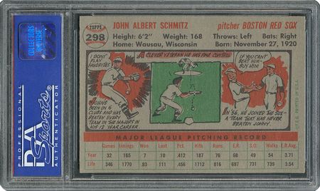 Lot #6310  1956 Topps #298 Johnny Schmitz - PSA MINT 9 - one Higher! - Image 2