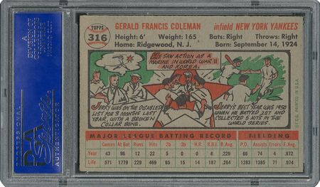 Lot #6328  1956 Topps #316 Jerry Coleman - PSA MINT 9 - None Higher! - Image 2