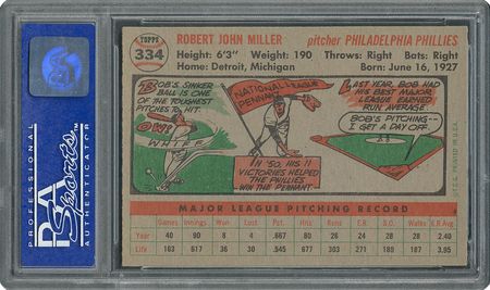 Lot #6346  1956 Topps #334 Bob Miller - PSA MINT 9 - None Higher! - Image 2