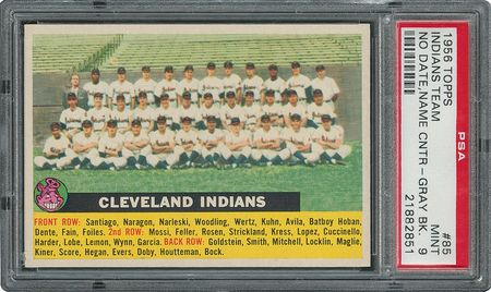 Lot #6090  1956 Topps #85 Indians Team (Name Centered) - PSA MINT 9 - None Higher! - Image 1