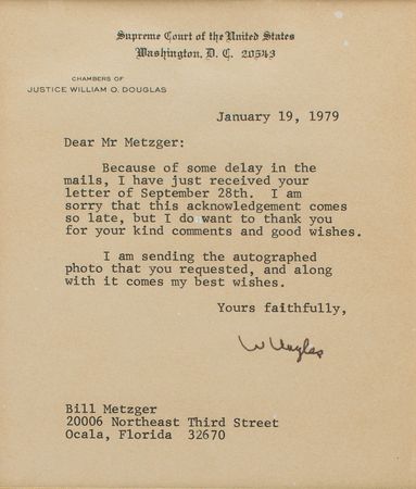 Lot #265 William O. Douglas Signed Photograph and Typed Letter Signed - Image 2