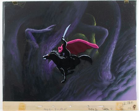 Lot #458 Headless Horseman production cel and production background from The Adventures of Ichabod and Mr. Toad: The Legend of Sleepy Hollow's Headless Horseman raises his sword - Image 2