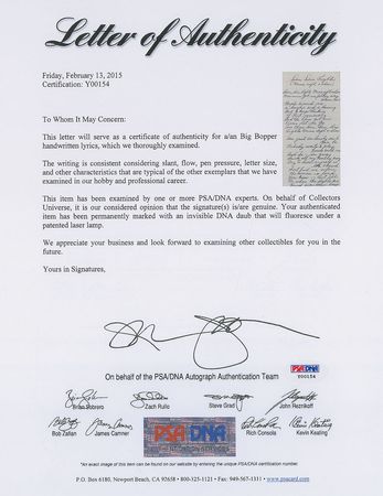 Lot #484 Big Bopper Handwritten Lyrics: Bopper sings the blues: ?Memories got me felling way down low? - Image 3