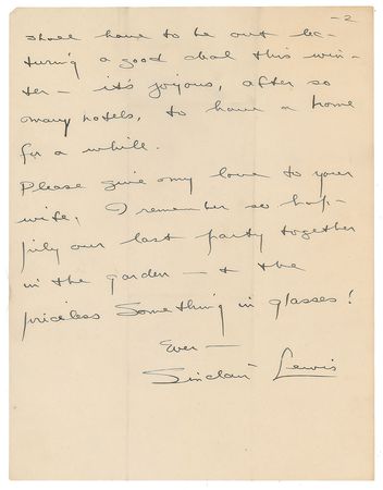 Lot #444 Sinclair Lewis Handwritten Letter Signed - Image 2