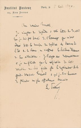 Lot #179 Louis Pasteur: Pasteur accepts the offer to become honorary president of the Brewers Syndicate of Eastern France - Image 1