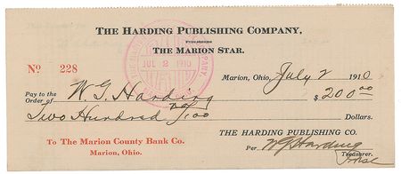 Lot #111 Warren G. Harding Check - Image 1