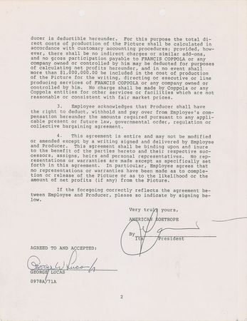 Lot #642 Apocalypse Now: Lucas, George: George Lucas agrees 