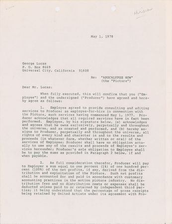 Lot #642 Apocalypse Now: Lucas, George: George Lucas agrees 