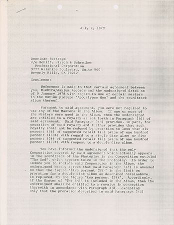 Lot #634 Apocalypse Now: Doors, The: The Doors sign off on 'The End' for the Apocalypse Now soundtrack - Image 2