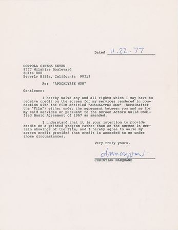Lot #632 Apocalypse Now: Cast and Crew Signed Documents - Image 1