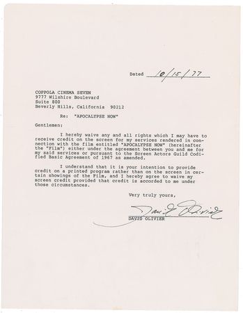 Lot #632 Apocalypse Now: Cast and Crew Signed Documents - Image 7