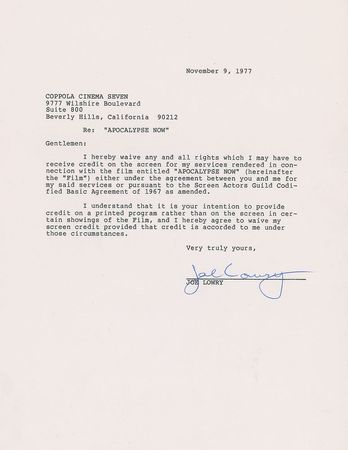Lot #632 Apocalypse Now: Cast and Crew Signed Documents - Image 8