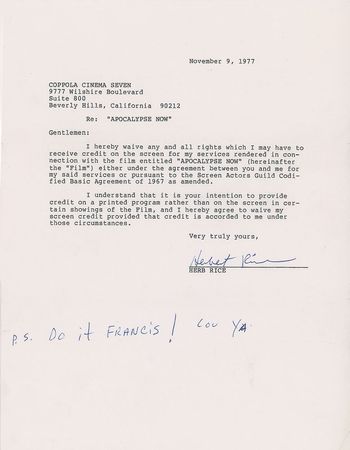 Lot #631 Apocalypse Now: Cast Signed Documents - Image 1