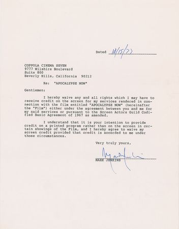 Lot #631 Apocalypse Now: Cast Signed Documents - Image 2