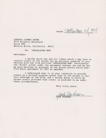 Lot #631 Apocalypse Now: Cast Signed Documents - Image 6
