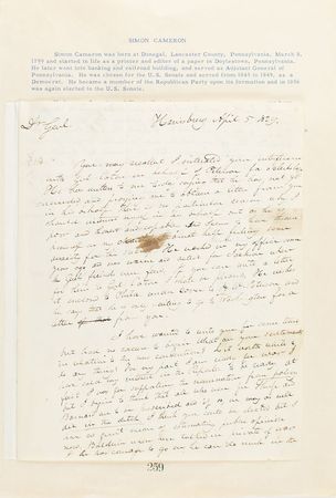 Lot #219 Simon Cameron Handwritten Letter Signed - Image 1