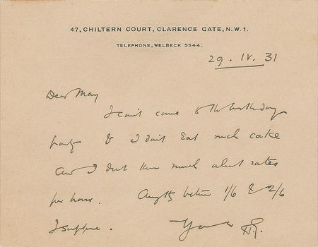 Lot #460 H. G. Wells: Wells passes on a birthday party—