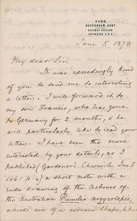 Lot #176 Charles Darwin: Darwin discusses botany with a noted German biologist?