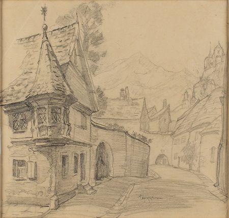 Lot #892 Gustaf Tenggren concept storyboard of a village from Pinocchio: Original concept of Pinocchio's quaint Italian village - Image 1