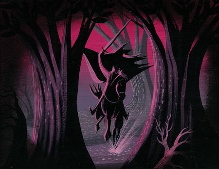 Lot #921 Mary Blair concept painting of the Headless Horseman from The Adventures of Ichabod and Mr. Toad (1949) and matching Walt Disney Company giclee: Mary Blair's vivid portrayal of the Headless Horseman's midnight ride - Image 1