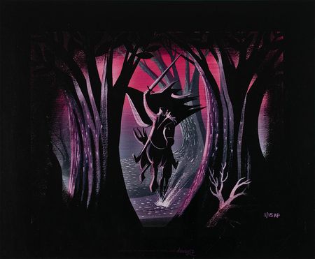 Lot #921 Mary Blair concept painting of the Headless Horseman from The Adventures of Ichabod and Mr. Toad (1949) and matching Walt Disney Company giclee: Mary Blair's vivid portrayal of the Headless Horseman's midnight ride - Image 3
